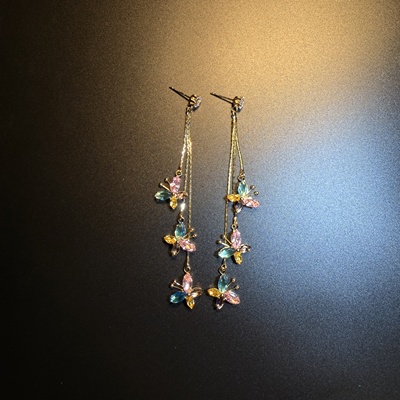 开花的橄榄Vintage古着 Citrine Wing长款粉蓝色流苏蝴蝶耳环耳饰