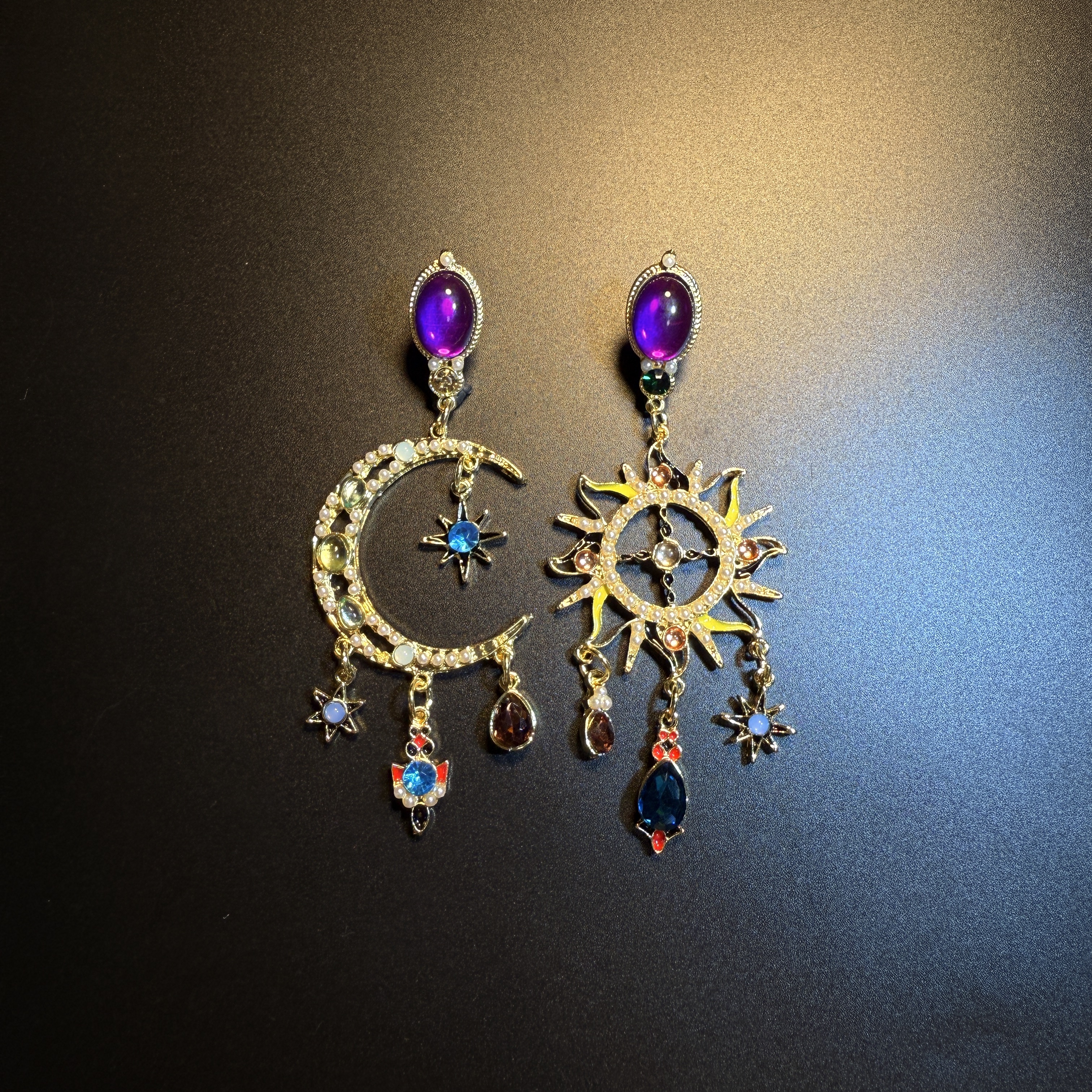 开花的橄榄 Vintage古着 Art Cosmos紫色星月流苏耳钉  耳环 耳饰