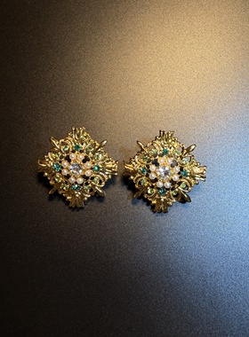 开花的橄榄 Vintage古着 Art Cluster绿色几何珍珠耳钉 耳环 耳饰