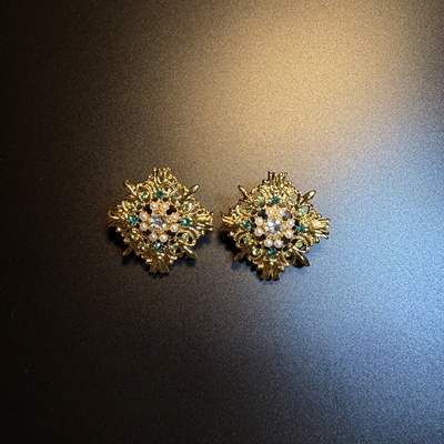 开花的橄榄 Vintage古着 Art Cluster绿色几何珍珠耳钉 耳环 耳饰