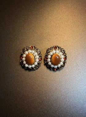 开花的橄榄 Vintage古着 Gilt Petal美拉德虎眼石耳钉 耳环 耳饰