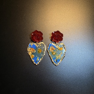 开花的橄榄 Vintage古着 Gold Petal蓝色爱心花朵耳钉 耳环 耳饰