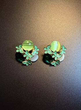 开花的橄榄 Vintage古着 Jade Studs绿色蝴蝶花朵耳钉 耳环 耳饰