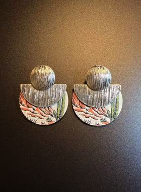 开花的橄榄 Vintage古着 Cactus Whimsy几何撞色耳钉 耳环 耳饰