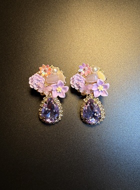 开花的橄榄 Vintage古着 Lavender Drop紫色花朵耳钉 耳环 耳饰