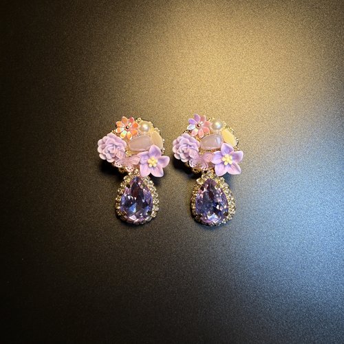 开花的橄榄 Vintage古着 Lavender Drop紫色花朵耳钉 耳环 耳饰