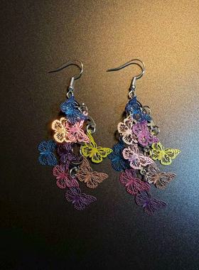 开花的橄榄 Vintage古着 Pixie Wings彩色蝴蝶流苏长款耳环 耳饰