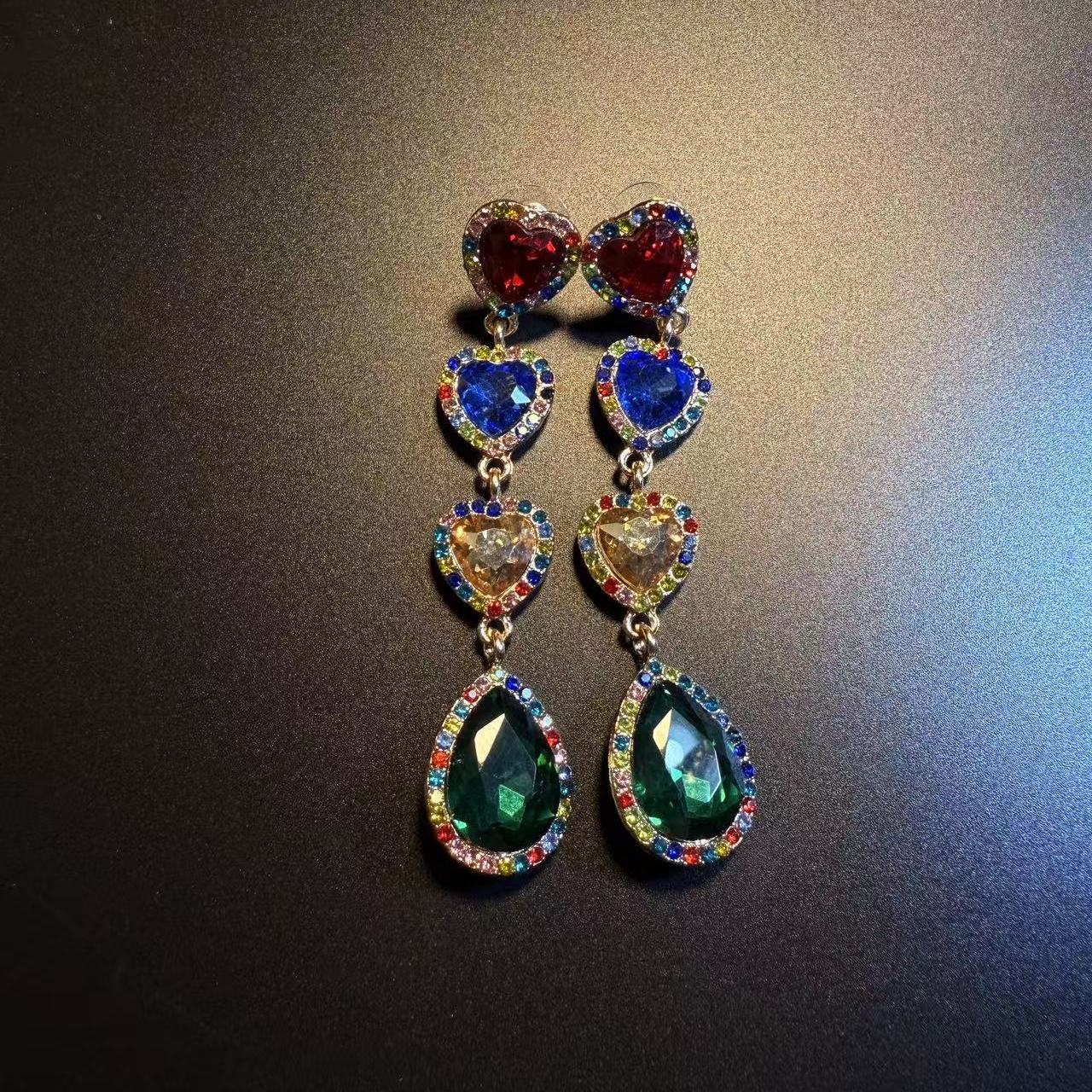 开花的橄榄 Vintage古着 Colorful Hearts彩色爱心长款耳环 耳饰