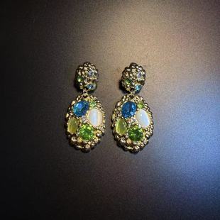 开花的橄榄 Vintage古着 Jewel Mosaic长款绿色耳钉 耳环 耳饰