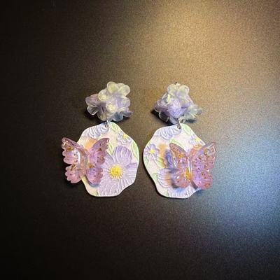 开花的橄榄 Vintage古着 Dreamy Blooms紫色蝴蝶耳钉 耳环 耳饰