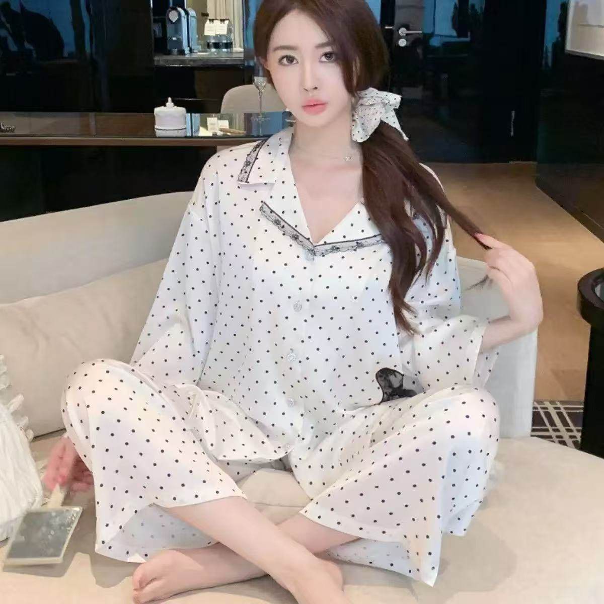 春秋季真丝亲肤蝴蝶结甜美睡衣女