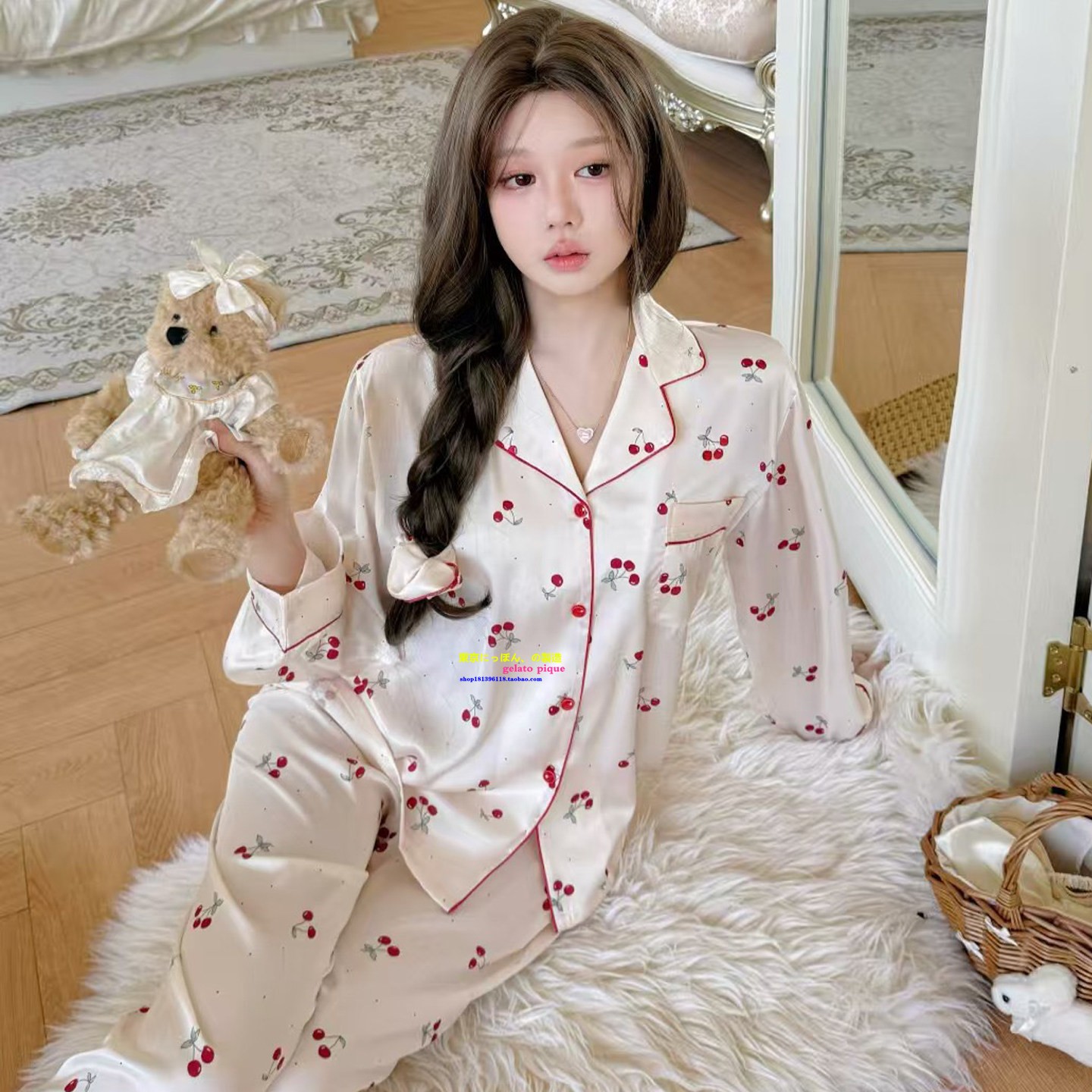 春夏日系甜美樱桃真丝睡衣家居服