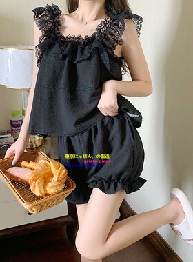 正品GP pique夏季性感吊带睡衣女薄纯棉女可爱黑色无袖背心家居服