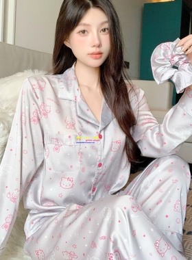 日本GP新款真丝睡衣女卡通kitty可爱凯蒂猫高级感印花家居服套装
