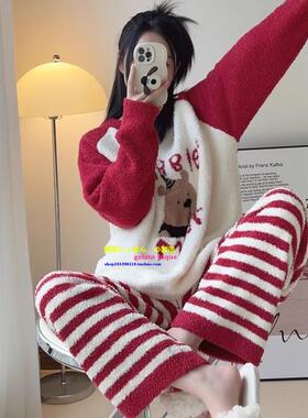 日本GP冬季软绵绵睡衣女加厚半边绒新年红条纹小熊加绒可外穿套装