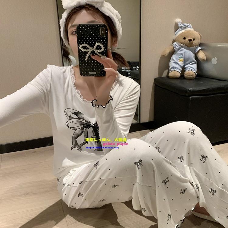 春秋甜美蝴蝶结睡衣含胸垫家居服