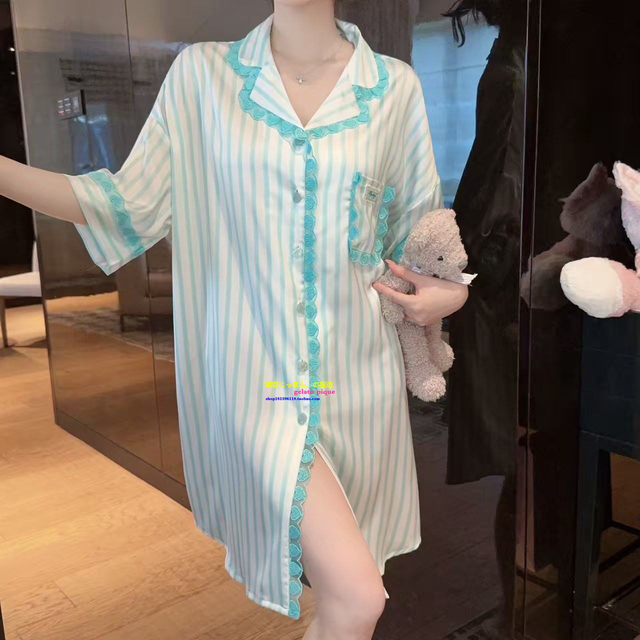 春夏薄荷爱心花边条纹真丝睡裙