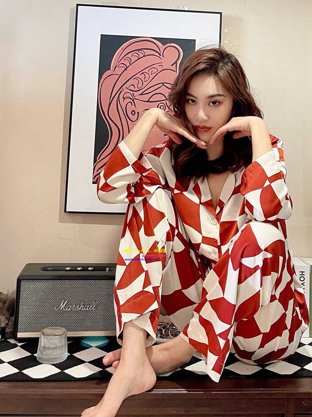 pique女冰丝棋盘格睡衣家居服