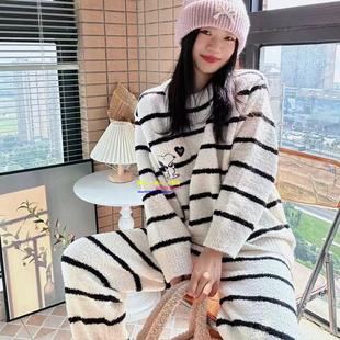 日本GP pique冬天软绵绵睡衣女薄款珊瑚绒卡通史努比条纹家居服套