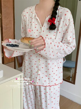日本GP春夏长袖V领女士宽松舒适睡衣日系亲肤针织棉红樱桃家居服