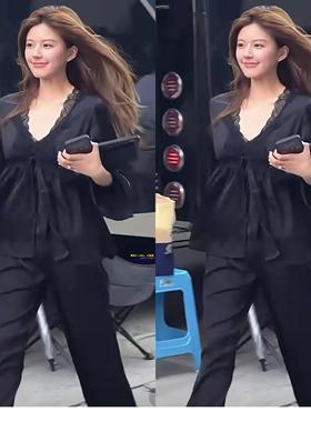 日本GP春季真丝睡衣女性感带胸垫赵露思同款蕾丝三件套家居服黑色