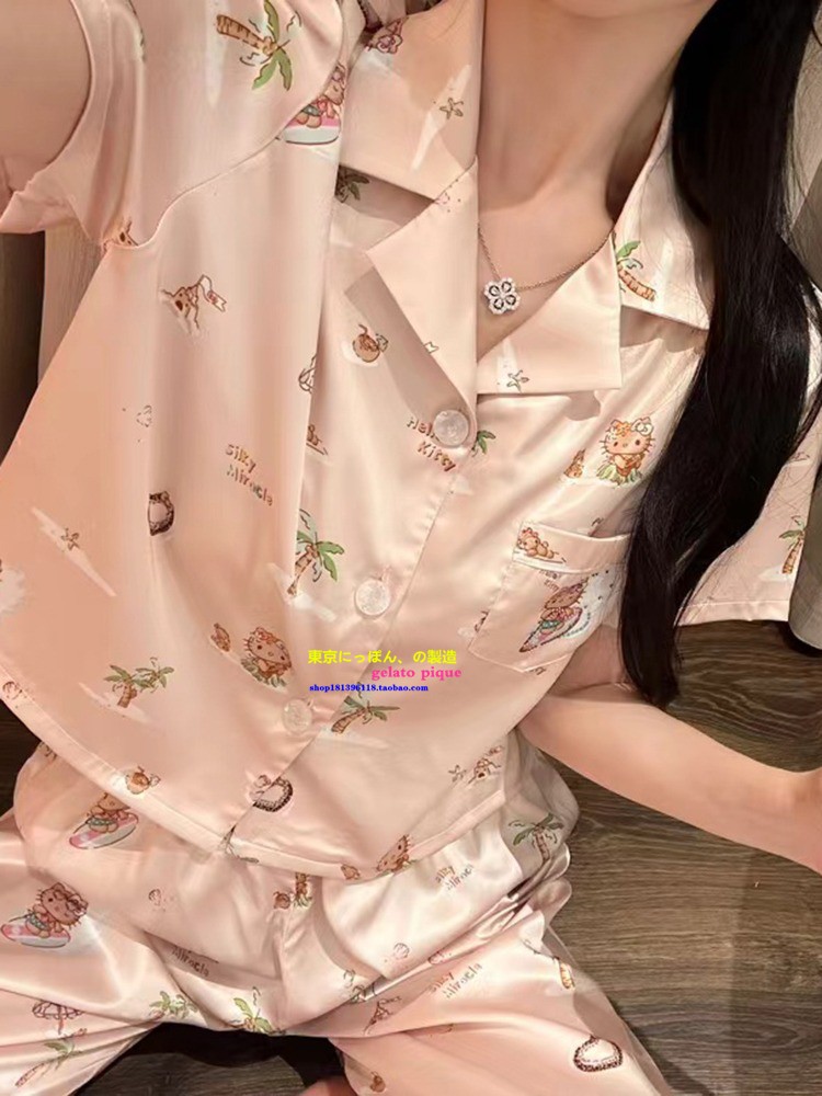 日本GP夏季真丝睡衣女可爱黑皮凯蒂猫烫钻短袖奶茶kitty家居服套