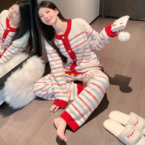 日本GP条纹红色软绵绵加厚睡衣女