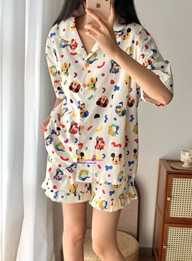 日本GP夏季卡通可爱米奇趣味印花睡衣梭织全棉短袖短裤家居服套装