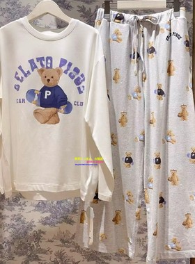日本GP gelato pique秋冬新品纯棉长袖睡衣女卡通运动小熊家居服