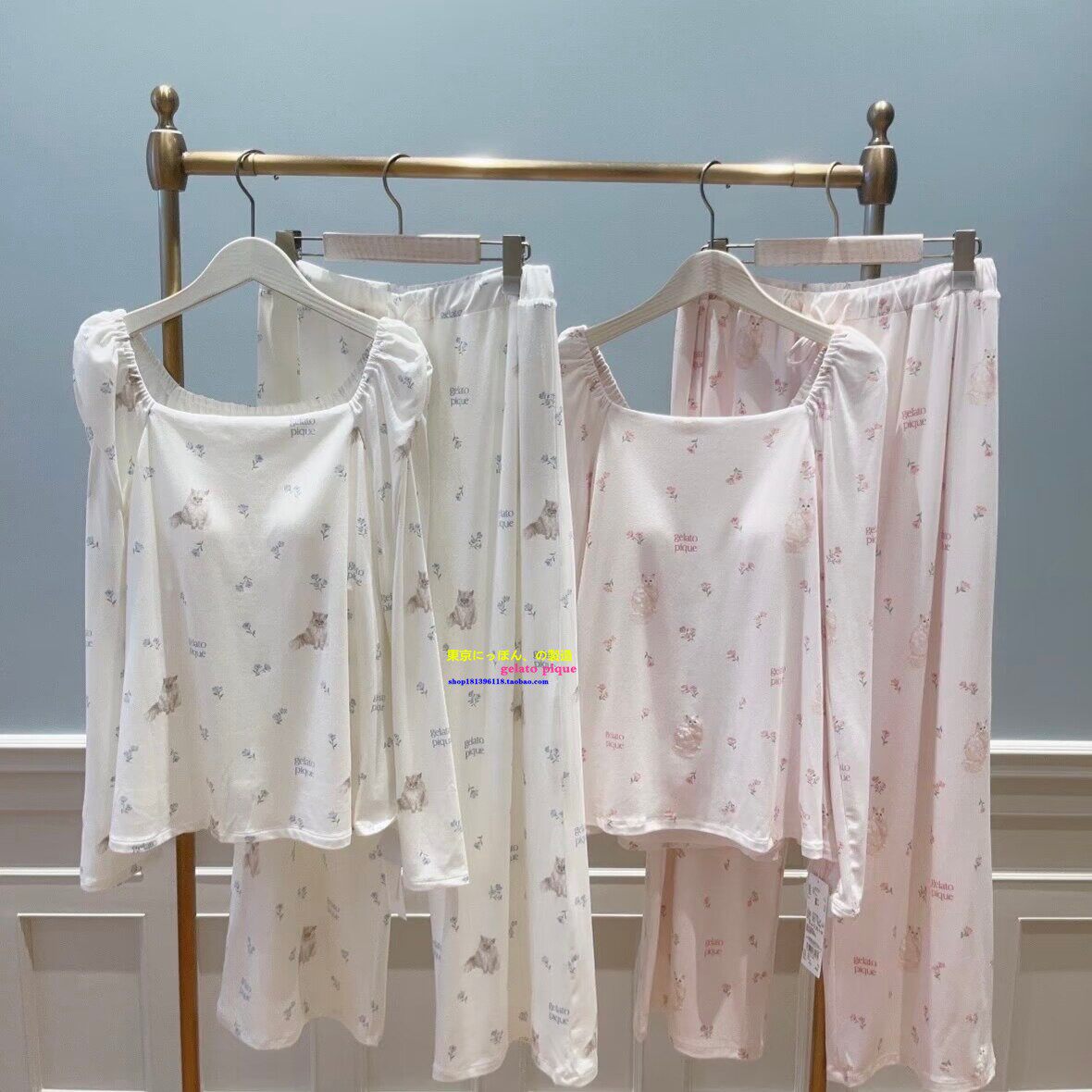 日本GP gelato pique春款甜美猫咪碎花睡衣女莫代尔带胸垫家居服