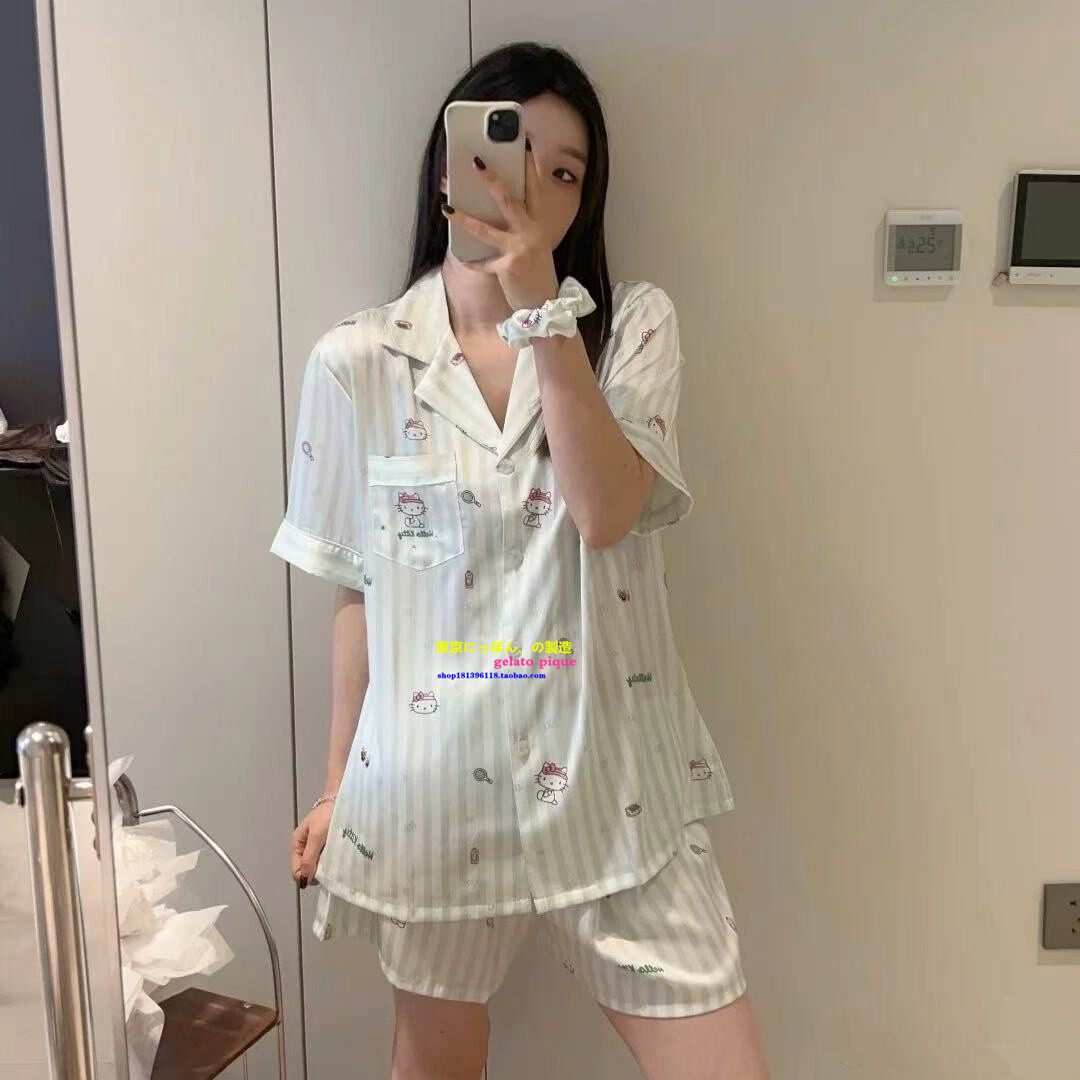 夏季短袖真丝高级感睡衣三件套