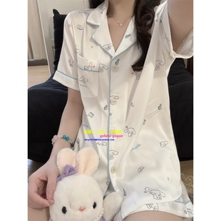 短裤 日本GP夏甜美舒适短袖 睡衣卡通可爱玉桂狗印花凉感真丝家居服