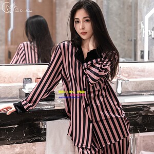 正品you gelato pique秋冬金丝绒睡衣女高级条纹长袖家居服套装GP