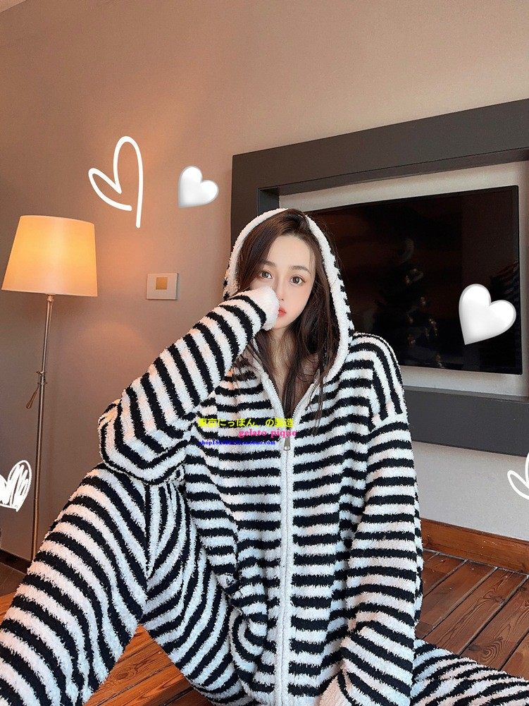 正品GP女半边绒黑白条纹睡衣套装