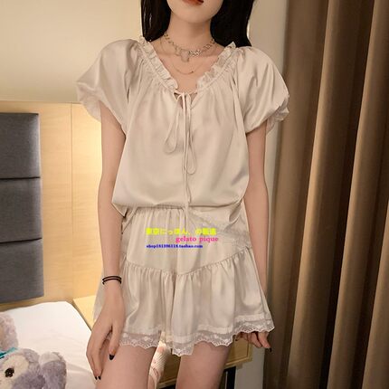 Home夏季冰丝凉感睡衣女款甜美蕾丝花边时尚性感简约家居服套装