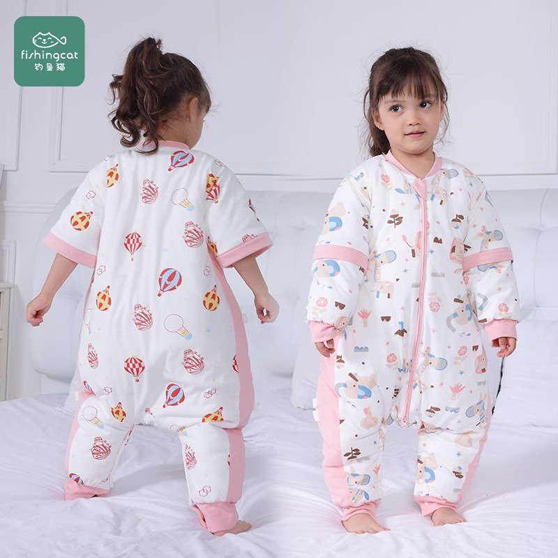钓鱼猫婴儿夹棉保暖睡袋恒温发热儿童防踢被秋冬纯棉无骨加棉睡衣