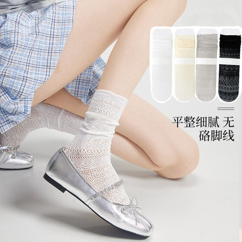 新品春夏季蕾丝袜子女网眼镂空性感薄款纯色韩版透气潮堆堆中筒袜