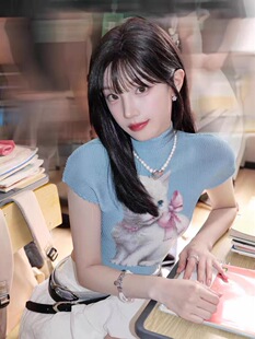 明星宋雨琦同款猫咪印花针织短袖女夏季半高领修身短款上衣