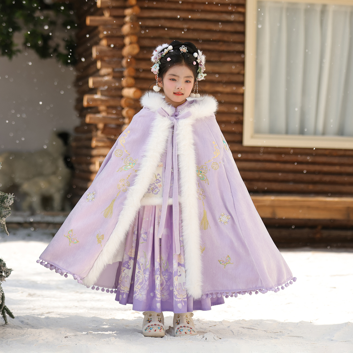 古风汉服女童紫色披风斗篷