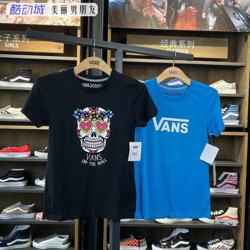 VANS短袖女士黑篮花纹经典T恤