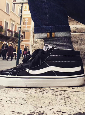 VANS中帮经典黑白SK8 MID翻毛皮帆布男鞋女鞋滑板鞋VN0A391F6BT