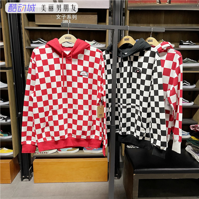 VANS范斯黑白棋盘格套头衫女红白格连帽卫衣潮流VN0A4BQZJ0Z/W13