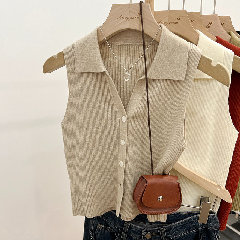 polo翻领薄款修身吊带外穿背心女夏季冰丝针织坎肩无袖小上衣女装