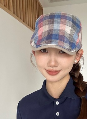 夏季薄款粉色格子前进帽新款百搭休闲绿色格子显脸小鸭舌帽气质潮