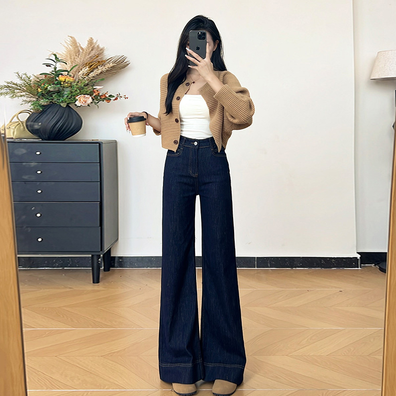 丹宁蓝阔腿微喇牛仔裤女