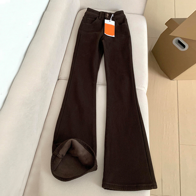 咖色加绒加厚微喇牛仔裤女