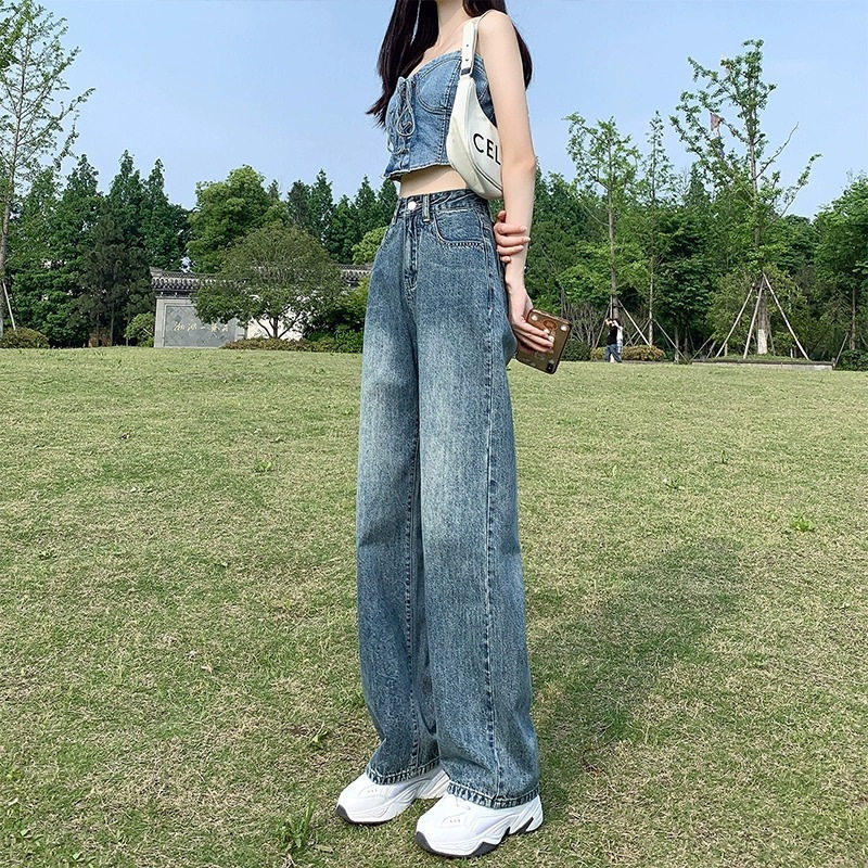 复古蓝阔腿牛仔裤女夏季2023新款