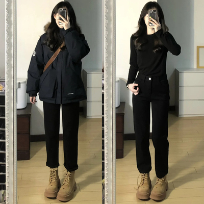 黑色加绒加厚直筒牛仔裤女