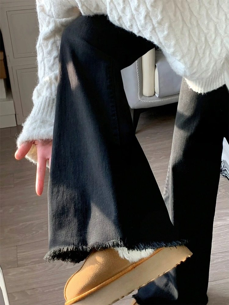 黑色微喇毛边牛仔裤女2024年春秋季高腰弹力阔腿显瘦梨形身材裤子,女装/女士精品,牛仔裤,淘宝优惠券,粉丝福利购,淘宝优惠卷