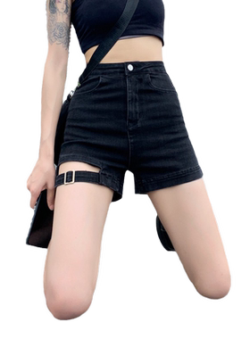 黑色高腰机车牛仔短裤女夏网红